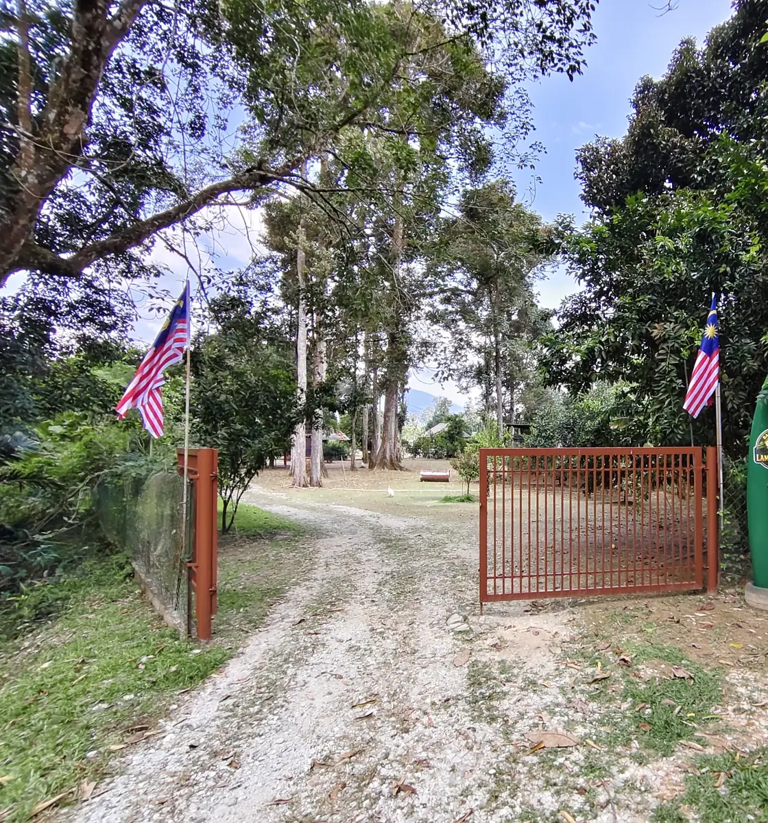 Pintu masuk Laman Pok Nik, pagar besi perang di sebelah tiang penanda hijau bernombor 443 dan papan Selamat Datang